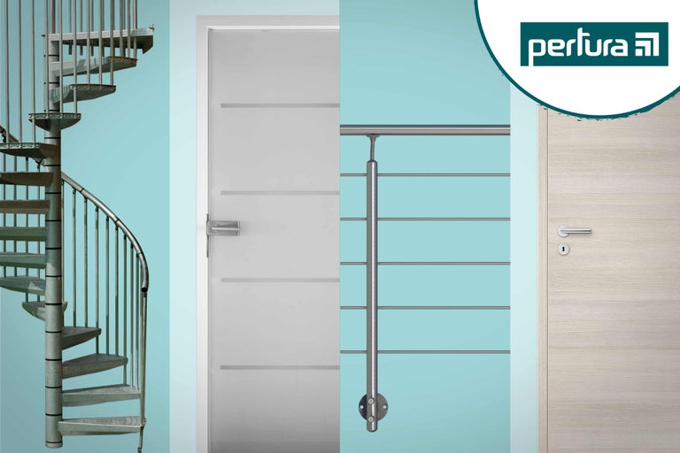 Imagine de produs cu scară spiralată, ușă de interior, balustradă și logo Pertura