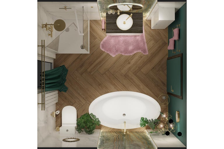 Vedere de sus a unei băi cu duș, chiuvetă, cadă și toaletă