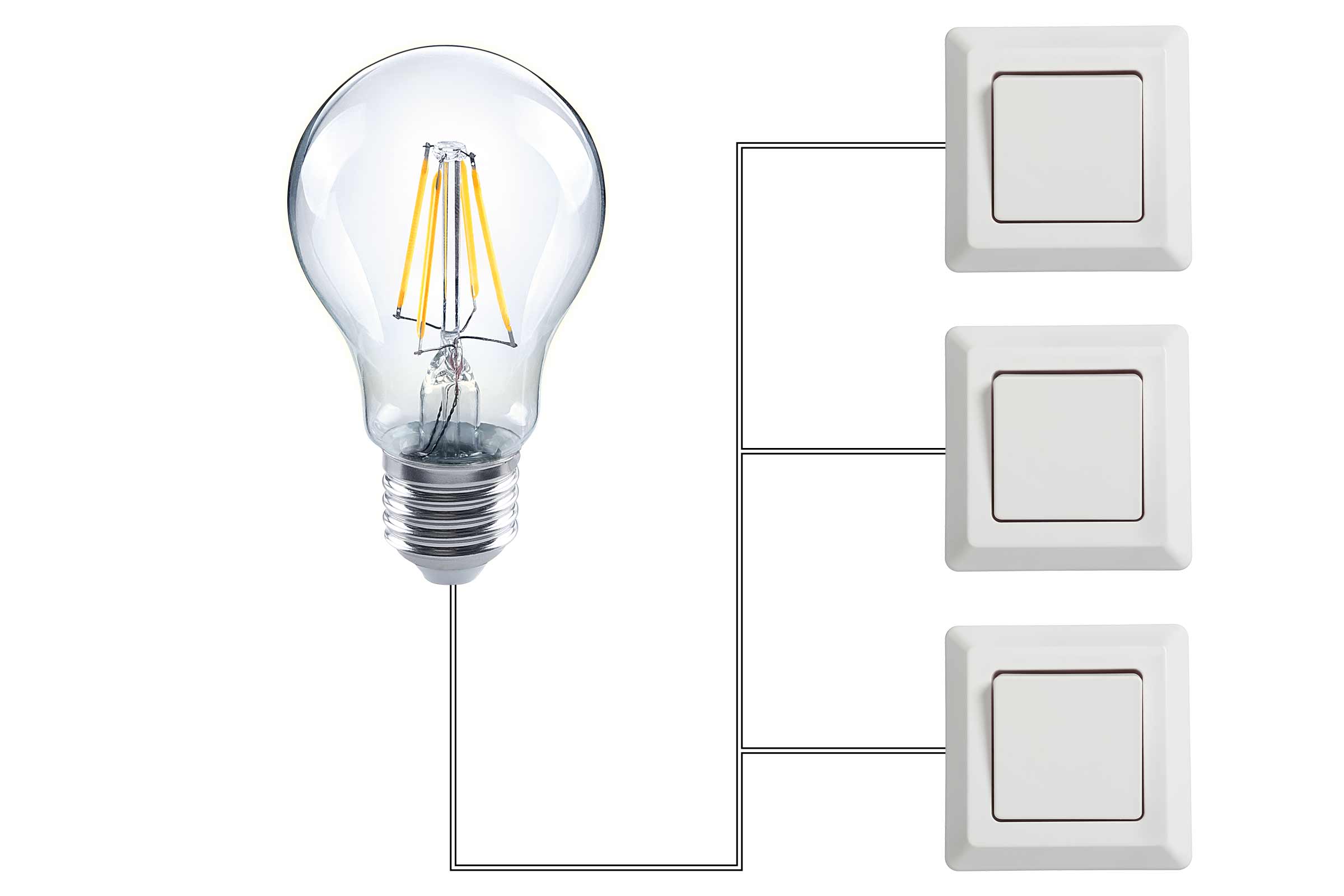 Diagramă de circuit cu bec și trei întrerupătoare