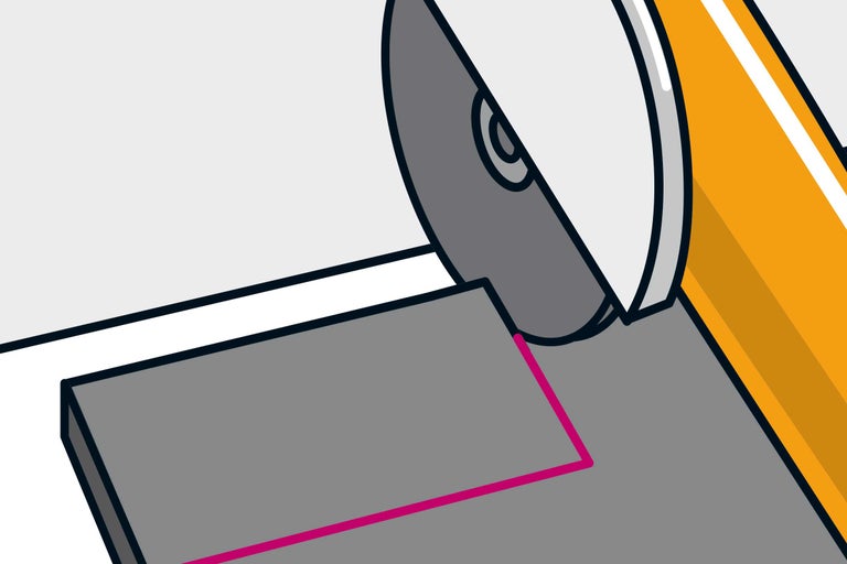 Ilustrație a unui disc de tăiere care taie o piesă de lucru.