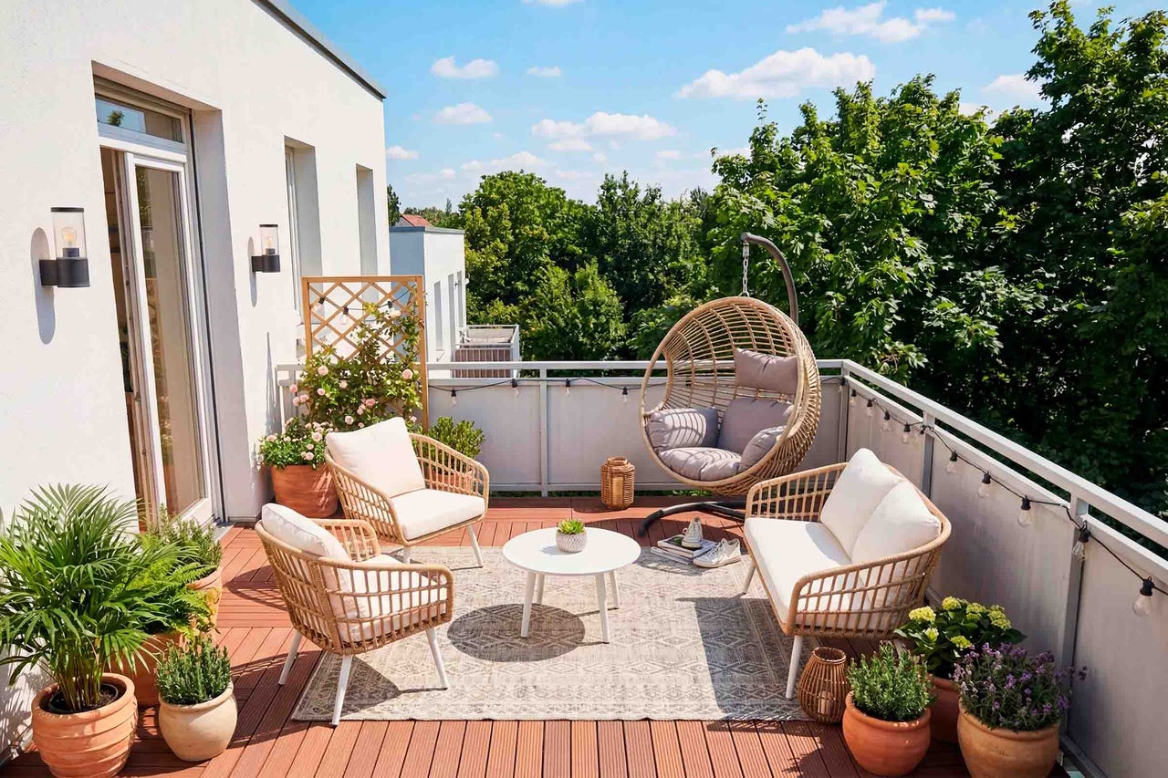 Balcon modern cu mobilier de grădină din ratan, scaun suspendat, masă rotundă, covor și plante în ghivece pe o terasă din lemn.