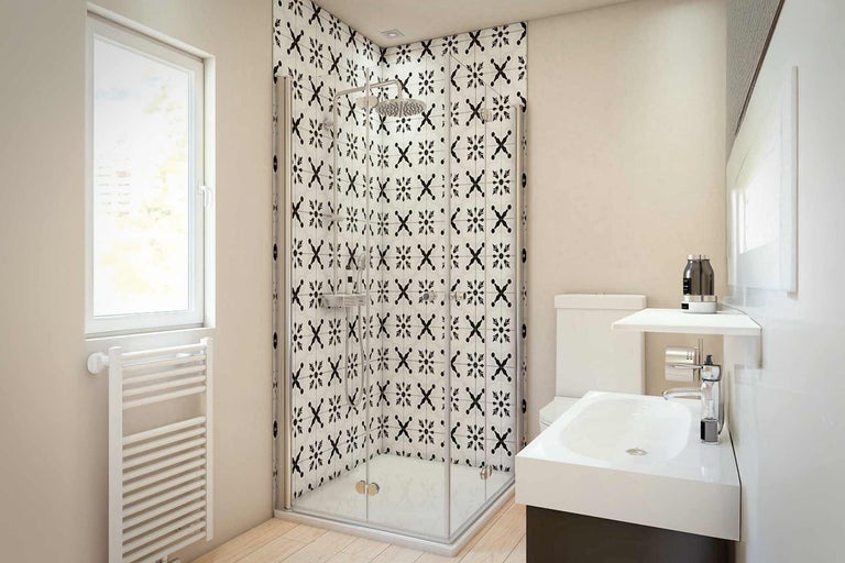 Baie cu duș, chiuvetă, toaletă și calorifer