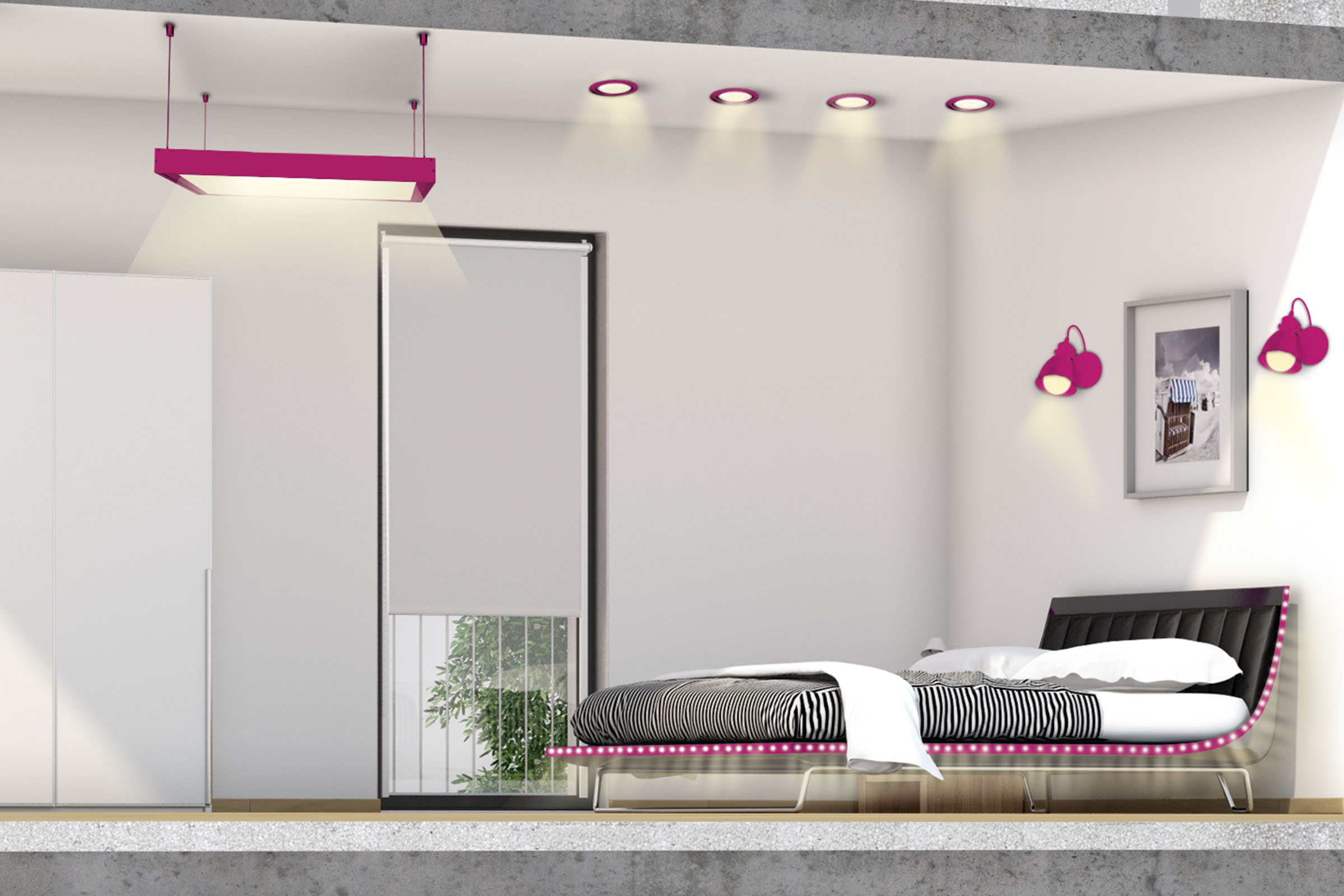 Design modern de dormitor cu pat, iluminat și rulou