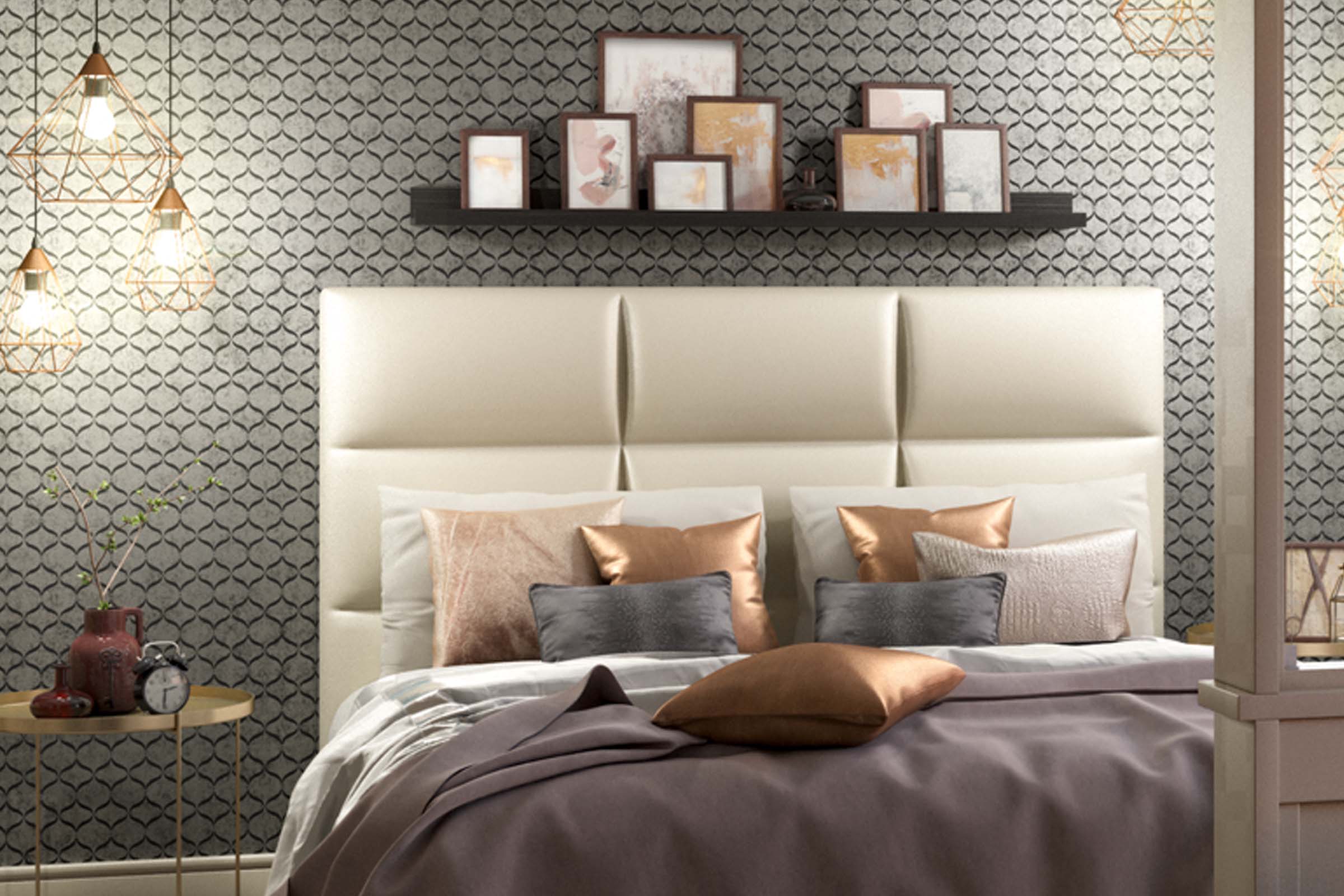 Dormitor cu pat, noptieră și decorațiuni de perete pentru o atmosferă confortabilă.