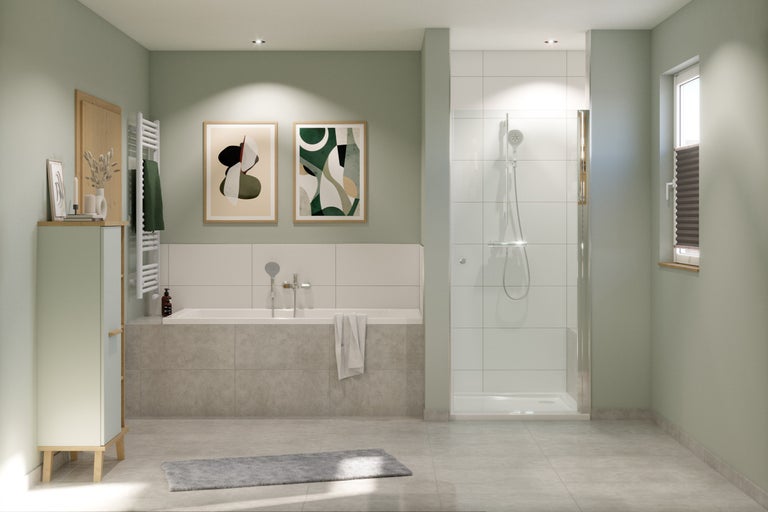 Baie luminoasă cu cadă, duș și dulap sub chiuvetă