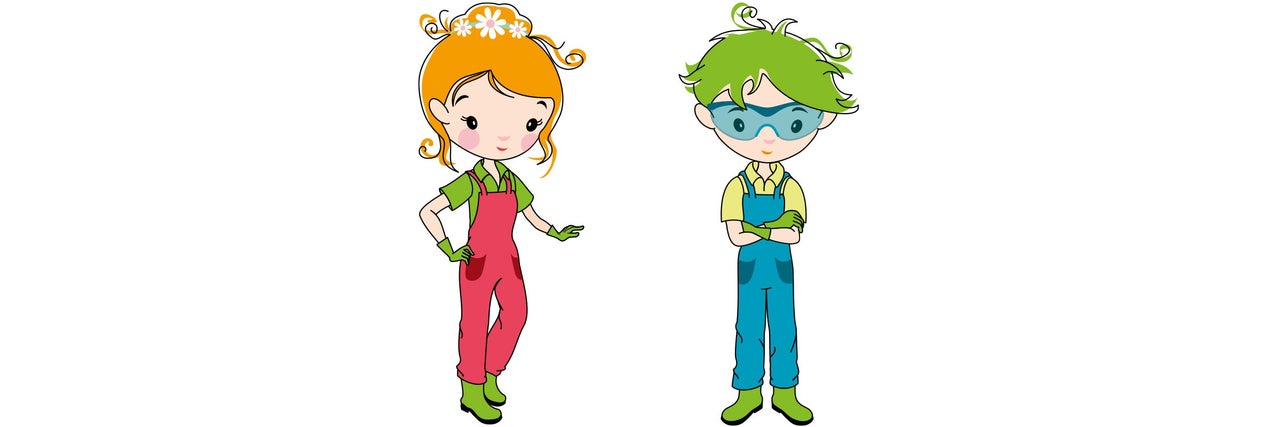 Ilustrație cu doi grădinari de desene animate purtând salopete