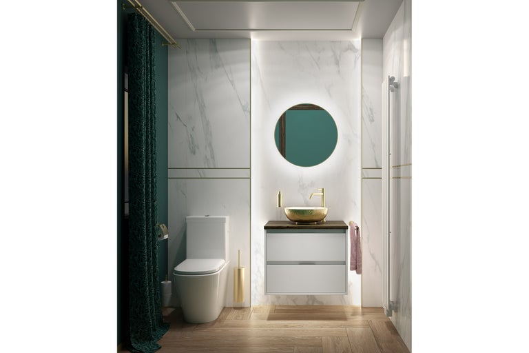 Baie modernă cu toaletă, dulap sub chiuvetă, oglindă și decorațiuni