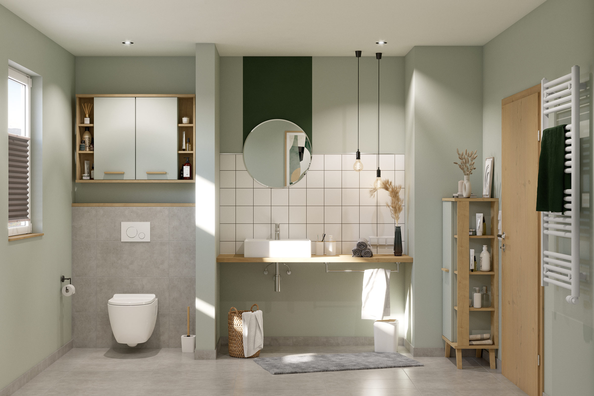 Baie luminoasă cu lavoar, oglindă, toaletă și mobilier de baie pentru un decor modern