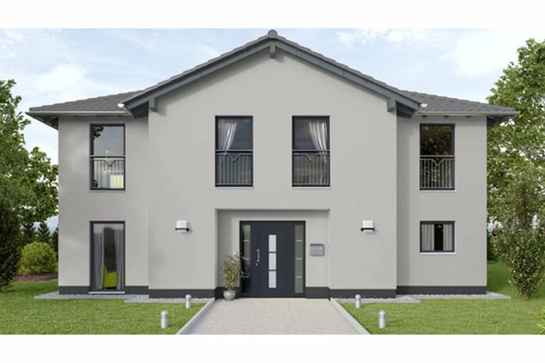 Imagine a unei case moderne de familie cu ferestre, ușă de intrare și acoperiș