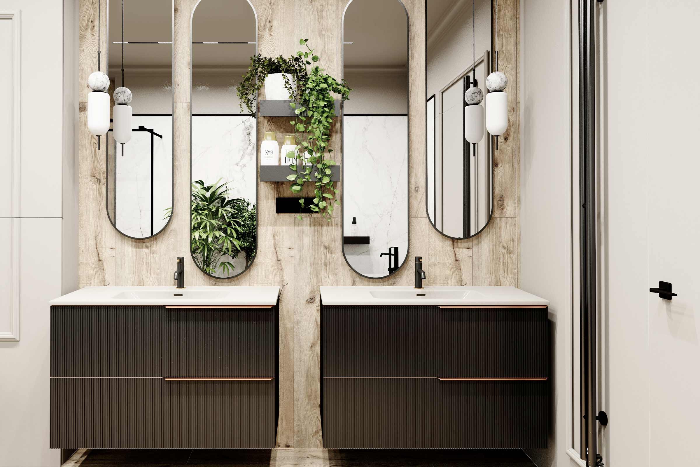 Baie modernă cu două dulapuri sub chiuvetă, oglinzi și elemente decorative