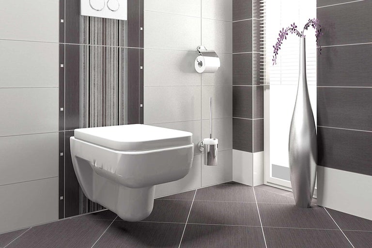 Baie cu vas WC suspendat cu spălare profundă, suport hârtie igienică, perie WC și gresie