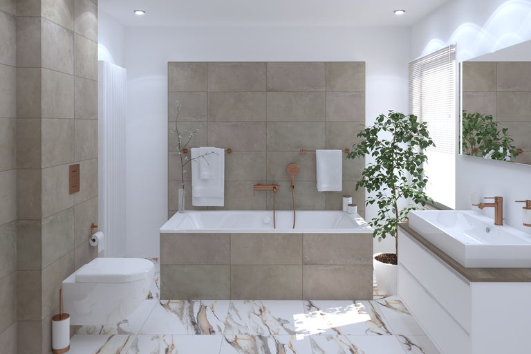 Baie modernă cu cadă, lavoar și faianță în tonuri de pământ