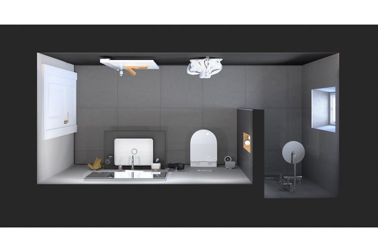 Prezentare generală a unei băi cu chiuvetă, toaletă și duș.