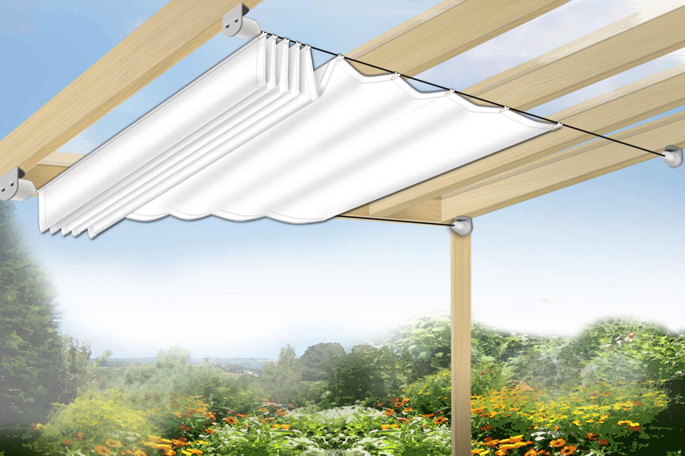 Pergolă cu copertină glisantă pentru protecție solară în grădină