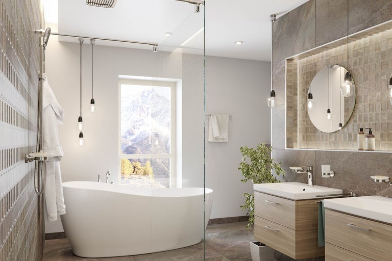 Baie luminoasă cu cadă, chiuvete, oglindă și fereastră cu vedere la munte