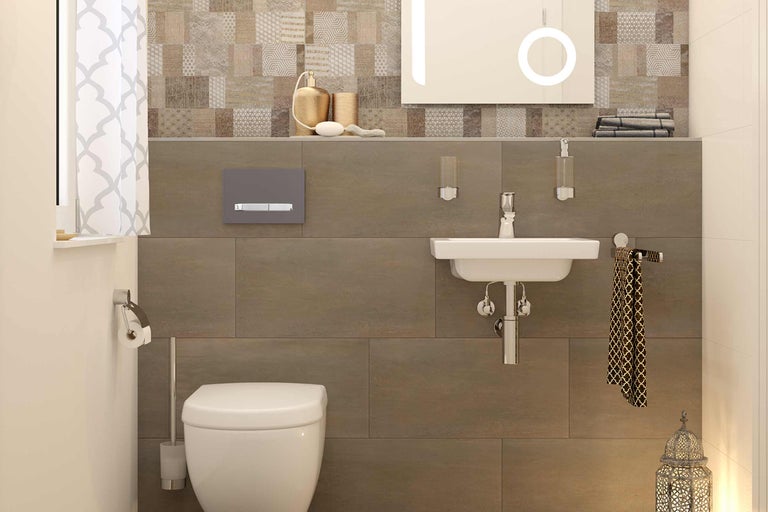 Baie luminoasă cu toaletă, chiuvetă și perete cu gresie