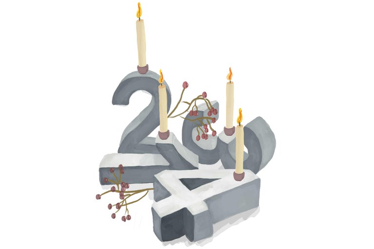 Cifre decorative de advent cu lumânări și ramuri cu fructe de pădure