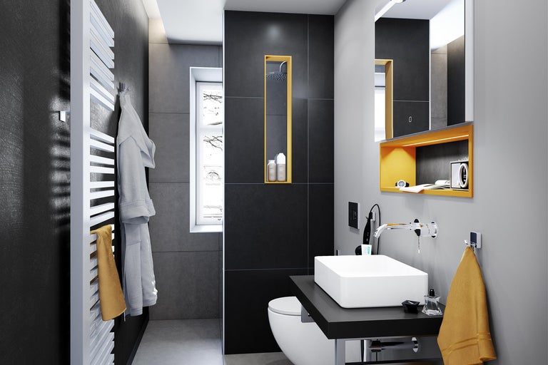 Baie modernă cu chiuvetă, radiator pentru prosoape și faianță închisă la culoare