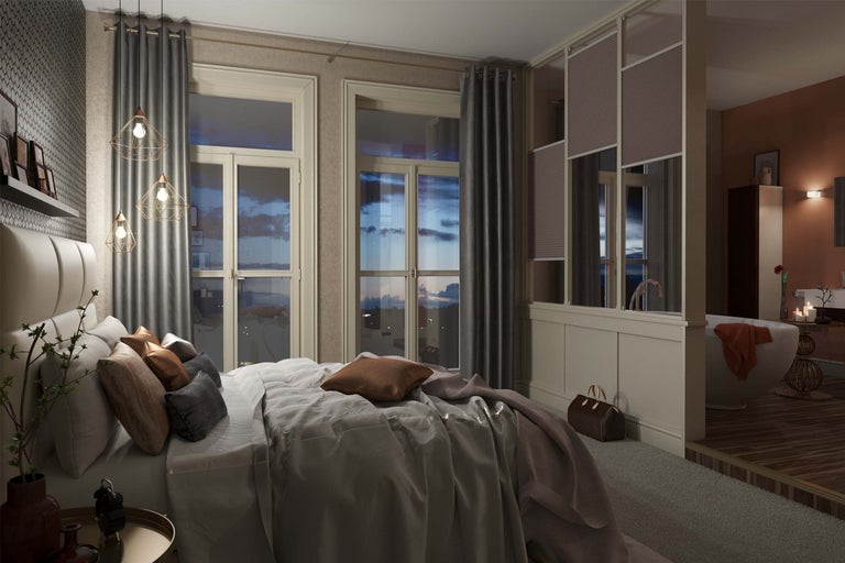 Dormitor cu pat, perdele, ferestre și baie cu cadă