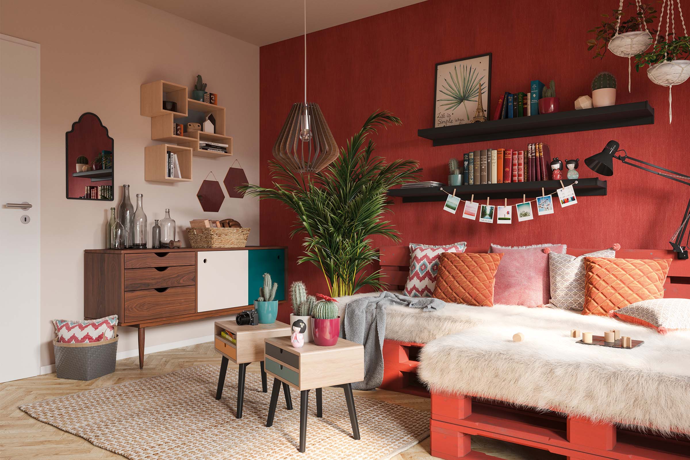 Cameră de zi cu bufet, rafturi de perete, plante de interior, mobilier din paleți și accesorii decorative pentru o atmosferă confortabilă