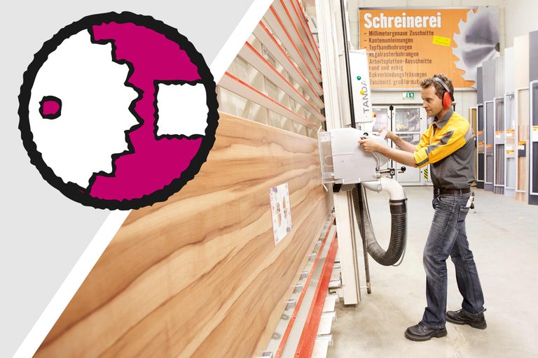 Simbol pentru serviciul de debitare și bărbat la un ferăstrău de panouri