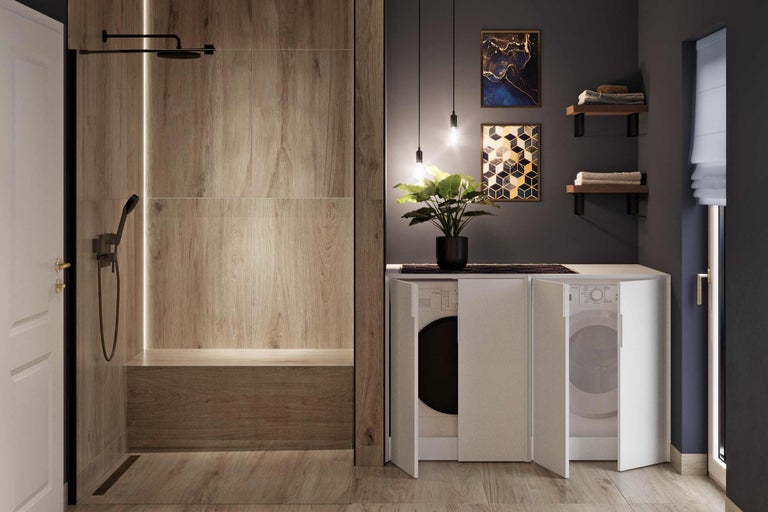 Baie cu duș și dulap încorporat pentru mașina de spălat