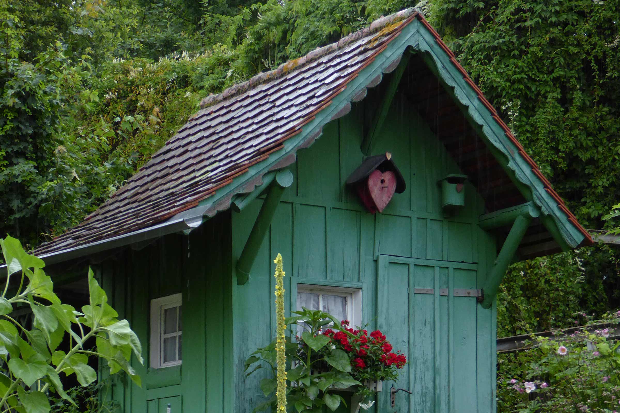 Cabana de grădină verde cu acoperiș din țiglă, case pentru păsări și jardinieră