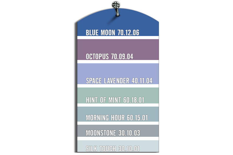 Mostră de culori cu nuanțe precum Blue Moon, Octopus, Space Lavender, Hint of Mint, Morning Hour, Moonstone și Silk Touch.