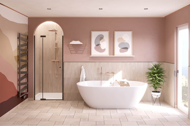 Baie luminoasă cu cadă de baie independentă, duș și radiator