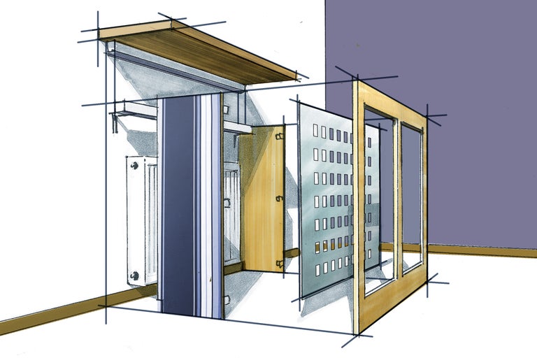 Schiță a unui sistem de dulap walk-in cu uși și rafturi
