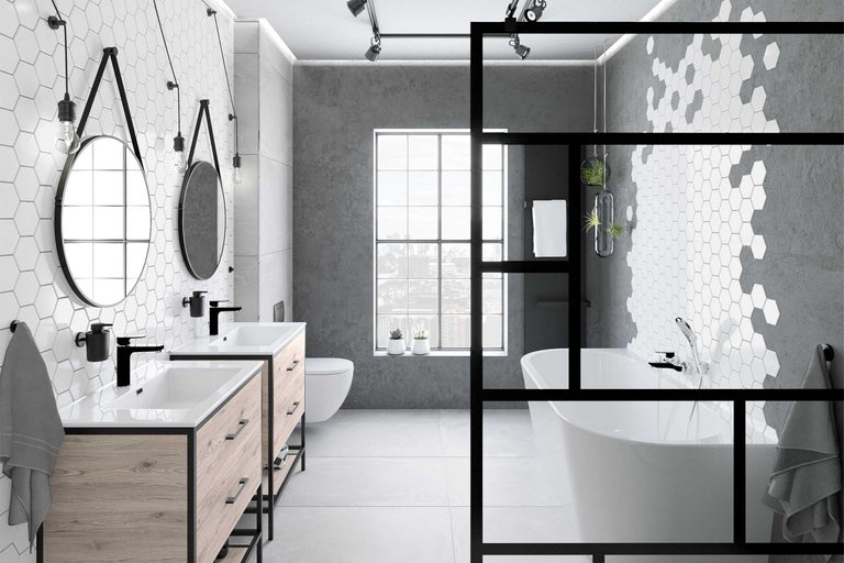 Baie cu lavoar dublu, cadă independentă și plăci hexagonale