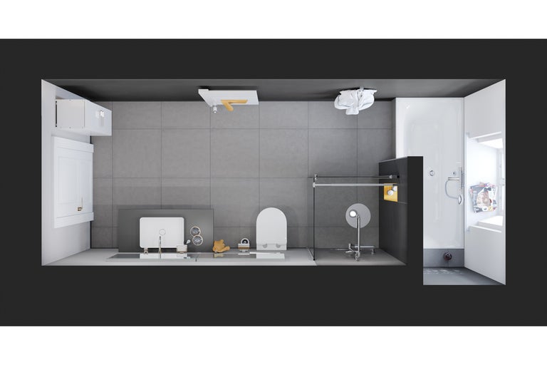 Prezentare generală a unei băi cu chiuvetă, toaletă și duș