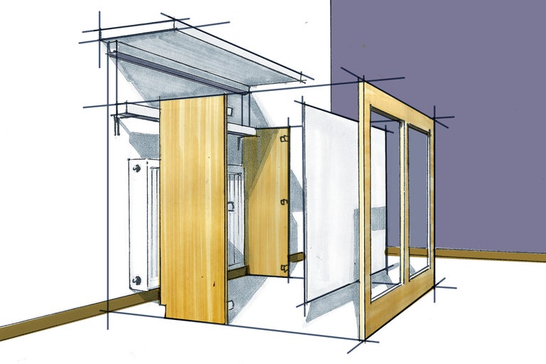 Schiță a unui mobilier de baie cu dulap de bază pentru lavoar, oglindă și fereastră