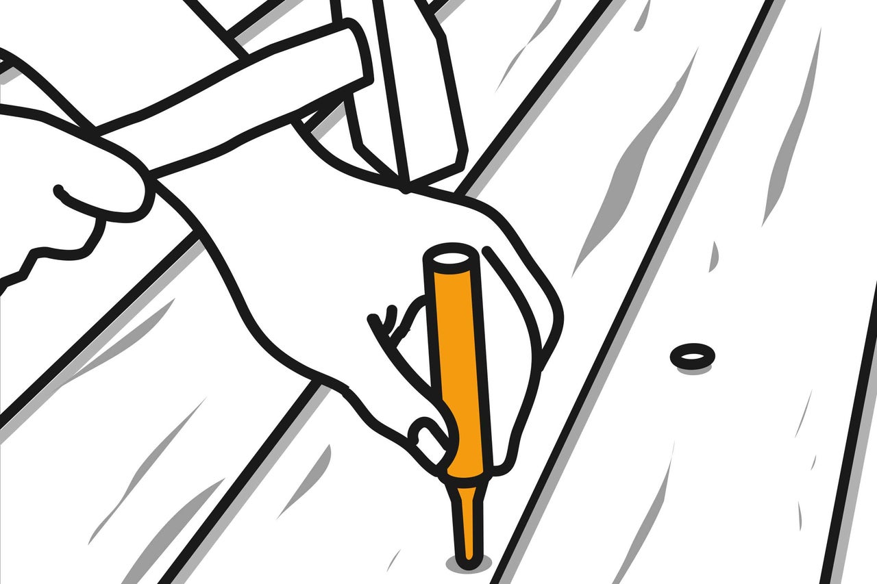 Ilustrație cu un bărbat care bate un diblu într-o scândură de lemn cu un ciocan