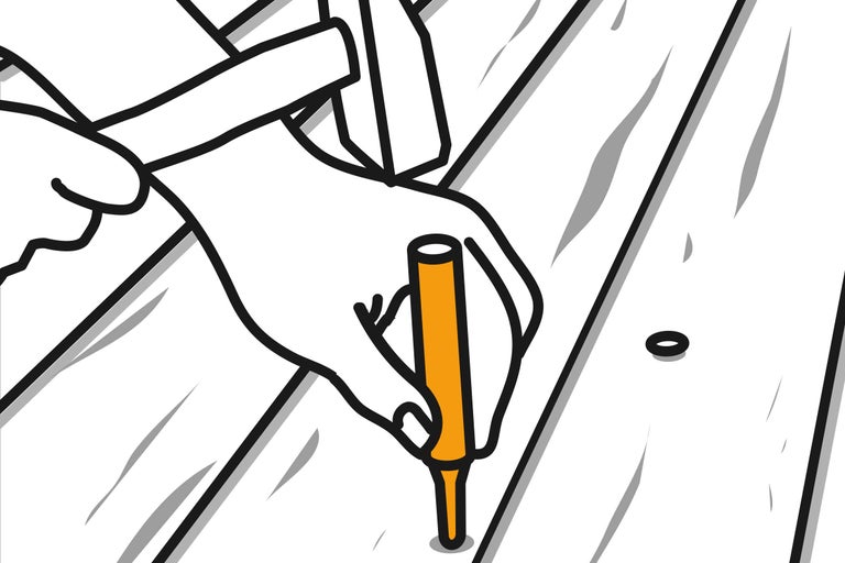 Ilustrație cu un bărbat care bate un diblu într-o scândură de lemn cu un ciocan