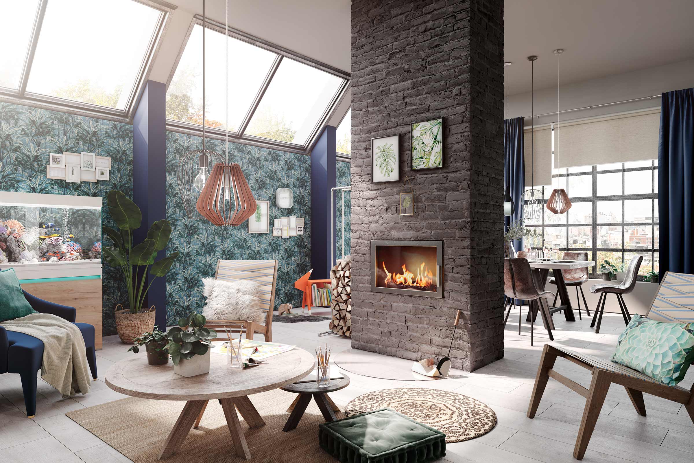 Cameră de zi cu șemineu, mobilier de ședere, masă și decorațiuni.