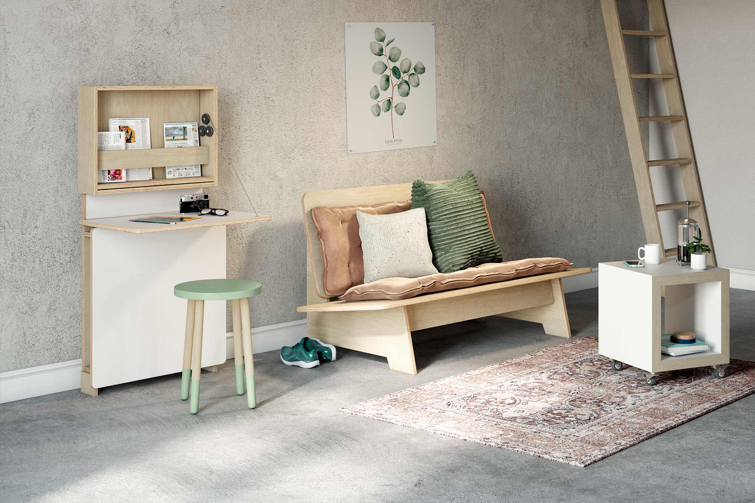 Interior cu masă pliabilă, bancă de lemn, covor și decorațiuni