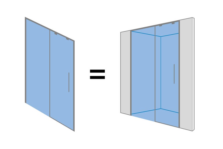 Ilustrație cu o ușă de duș extinsă într-o cabină de duș completă.