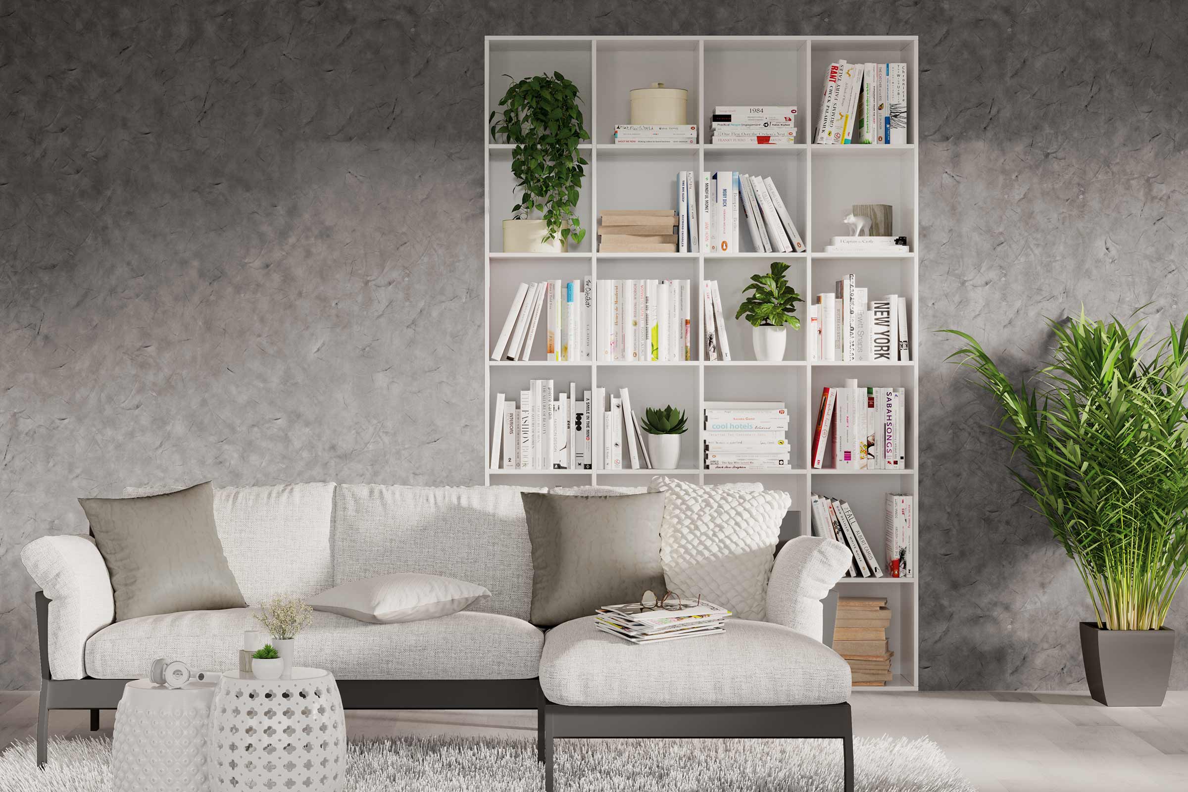 Cameră de zi cu bibliotecă albă, canapea și plante de interior
