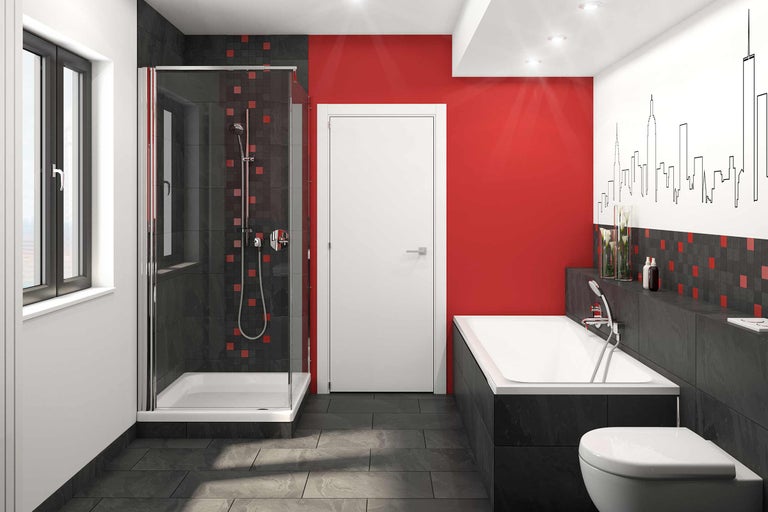 Baie modernă cu duș, cadă și toaletă în tonuri de gri și roșu