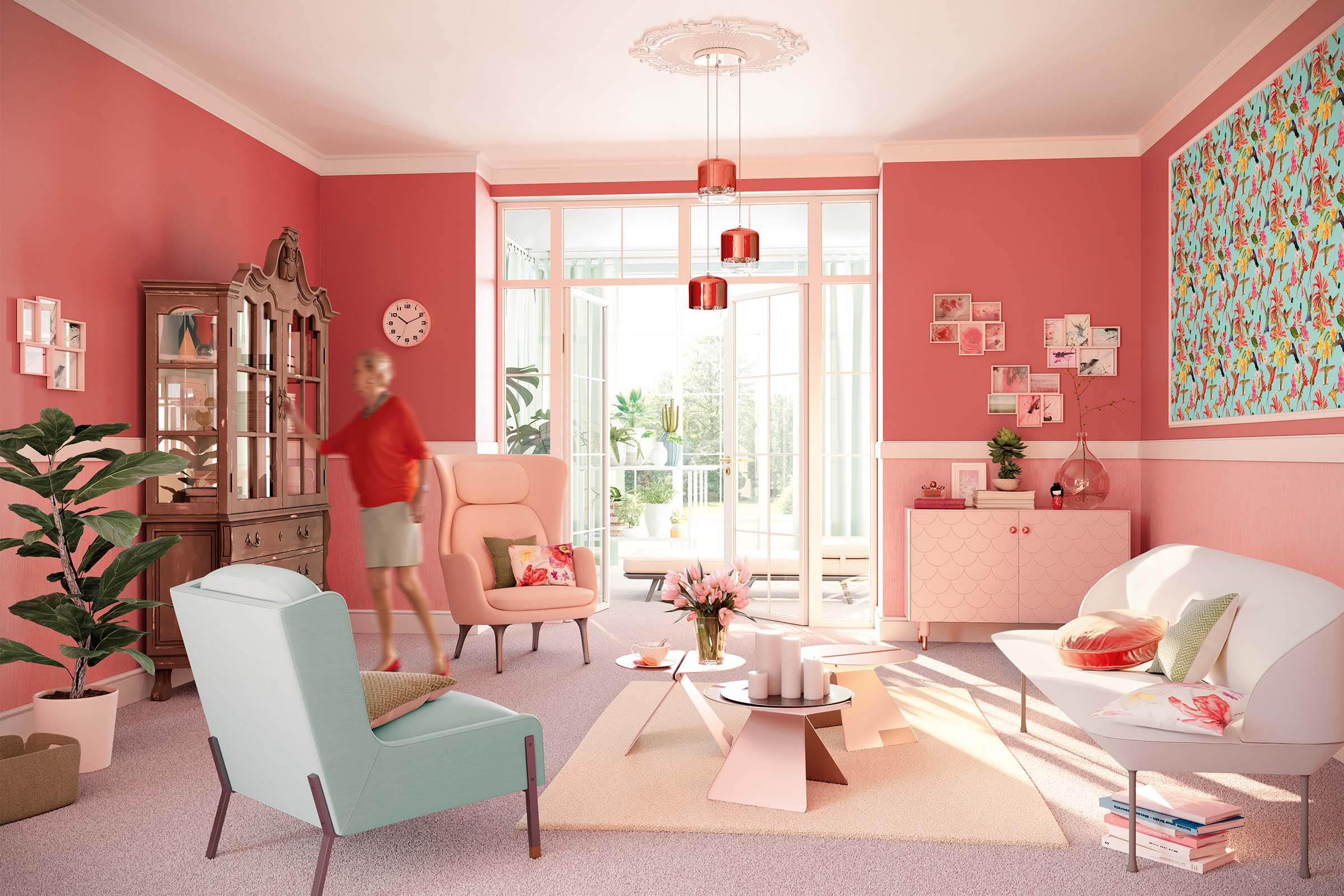 Cameră de zi cu mobilier, decorațiuni și textile în diferite nuanțe pastelate și acces deschis la balcon