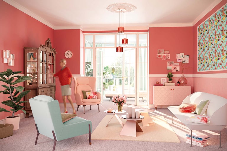 Cameră de zi cu mobilier, decorațiuni și textile în diferite nuanțe pastelate și acces deschis la balcon