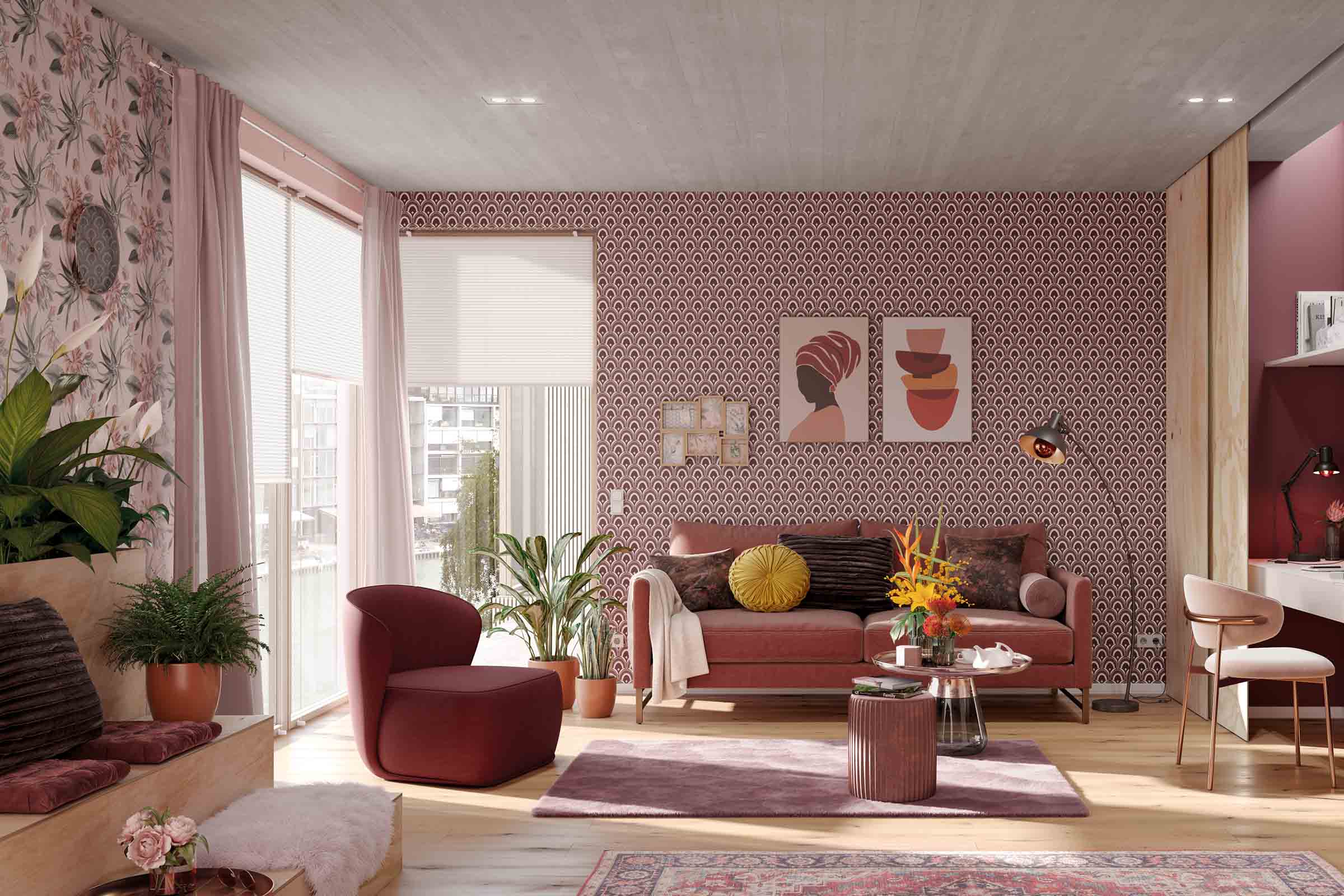 Living cu canapea, fotoliu, plante de interior și decorare decorativă a pereților pentru o ambianță elegantă.