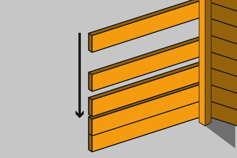 Ilustrație a montării unui gard cu scânduri cu canelură și feder și instrucțiuni de montaj printr-o săgeată.