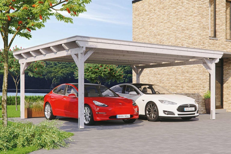 Copertină deschisă din lemn pentru mașină cu două mașini parcate