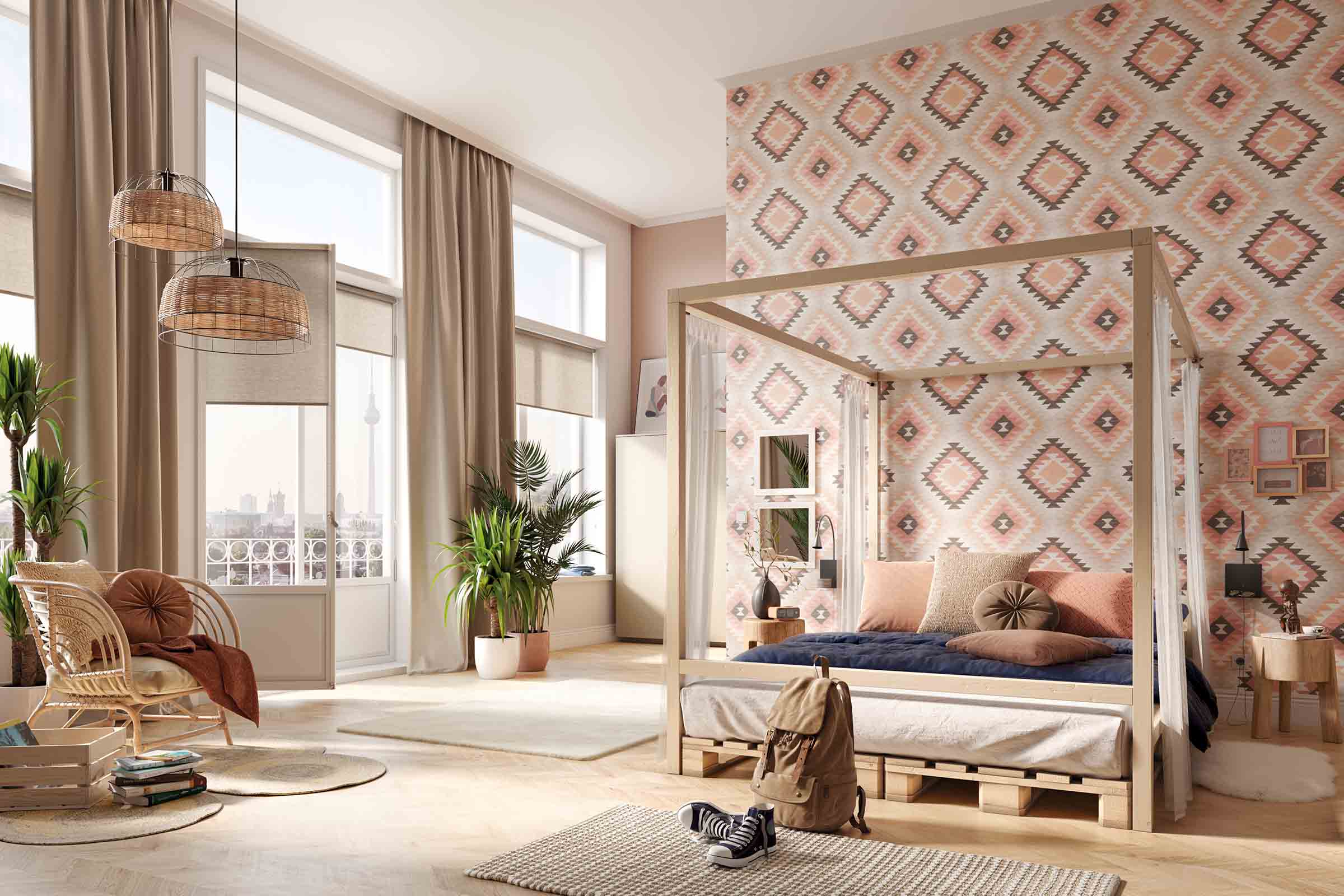 Dormitor luminos cu pat cu baldachin, tapet cu model și mobilier din ratan