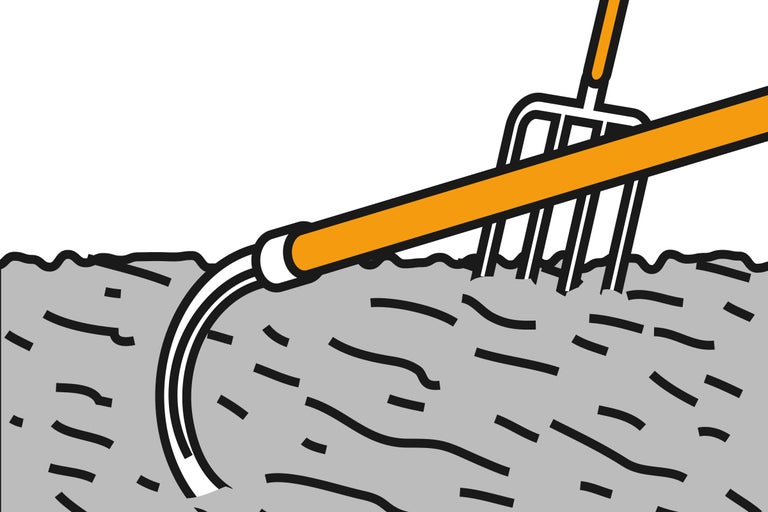 Ilustrație cu furcă de gunoi de grajd înfiptă în pământ