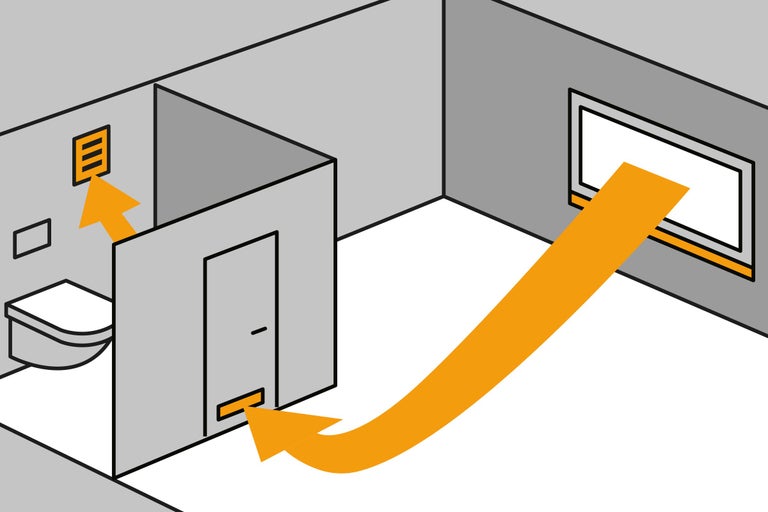 Reprezentarea unei băi cu sistem de ventilație și simbolul asociat