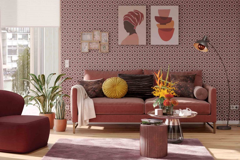 Cameră de zi cu canapea, fotoliu, măsuță de cafea, lampadar, plante de interior și decorare decorativă a peretelui