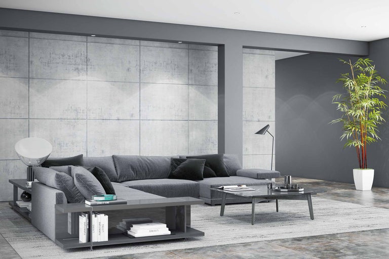 Living modern cu canapea de colț gri, măsuță de cafea și plantă de interior